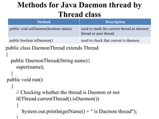 Methods for Java Daemon thread by
Thread class
Method Description
public void setDaemon(boolean status) used to mark the current thread as daemon
thread or user thread.
public boolean isDaemon() used to check that current is daemon.
public class DaemonThread extends Thread
{
public DaemonThread(String name){
super(name);
}
public void run()
{
// Checking whether the thread is Daemon or not
if(Thread.currentThread().isDaemon())
{
System.out.println(getName() + " is Daemon thread");
 