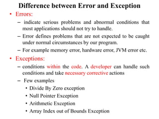 Difference between Error and Exception
• Errors:
– indicate serious problems and abnormal conditions that
most applications should not try to handle.
– Error defines problems that are not expected to be caught
under normal circumstances by our program.
– For example memory error, hardware error, JVM error etc.
• Exceptions:
– conditions within the code. A developer can handle such
conditions and take necessary corrective actions
– Few examples
• Divide By Zero exception
• Null Pointer Exception
• Arithmetic Exception
• Array Index out of Bounds Exception
 