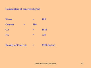 Composition of concrete (kg/m3
)
Water = 185
Cement = 386
CA = 1020
FA = 738
Density of Concrete = 2329 (kg/m3
)
CONCRETE MIX DESIGN 42
 