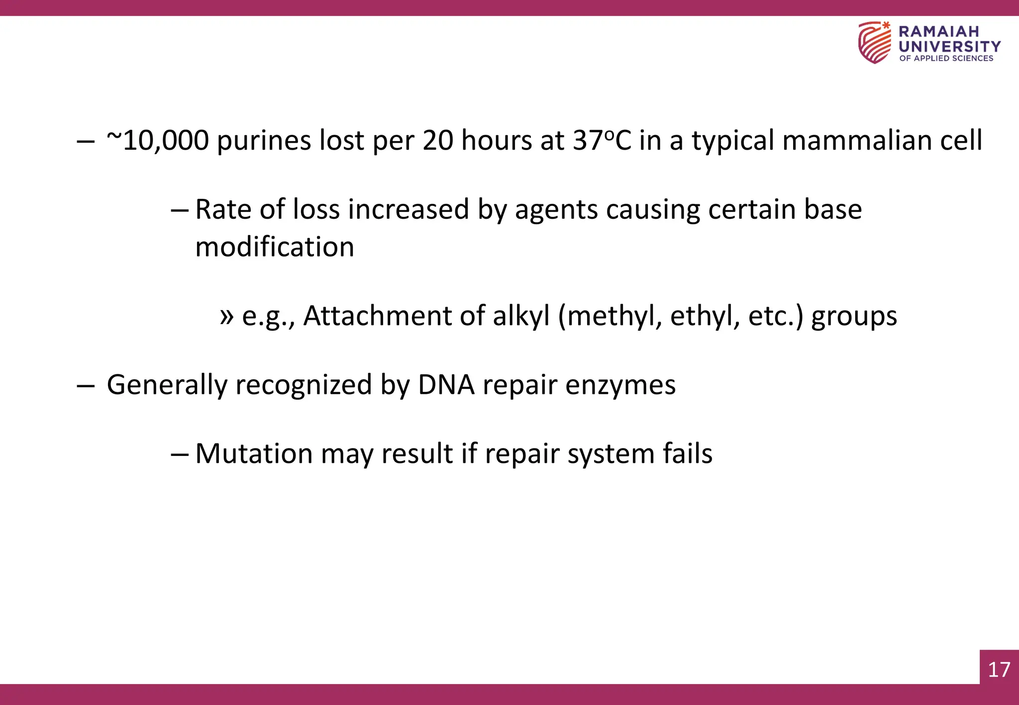 17
– ~10,000 purines lost per 20 hours at 37oC in a typical mammalian cell
– Rate of loss increased by agents causing certain base
modification
» e.g., Attachment of alkyl (methyl, ethyl, etc.) groups
– Generally recognized by DNA repair enzymes
– Mutation may result if repair system fails
 
