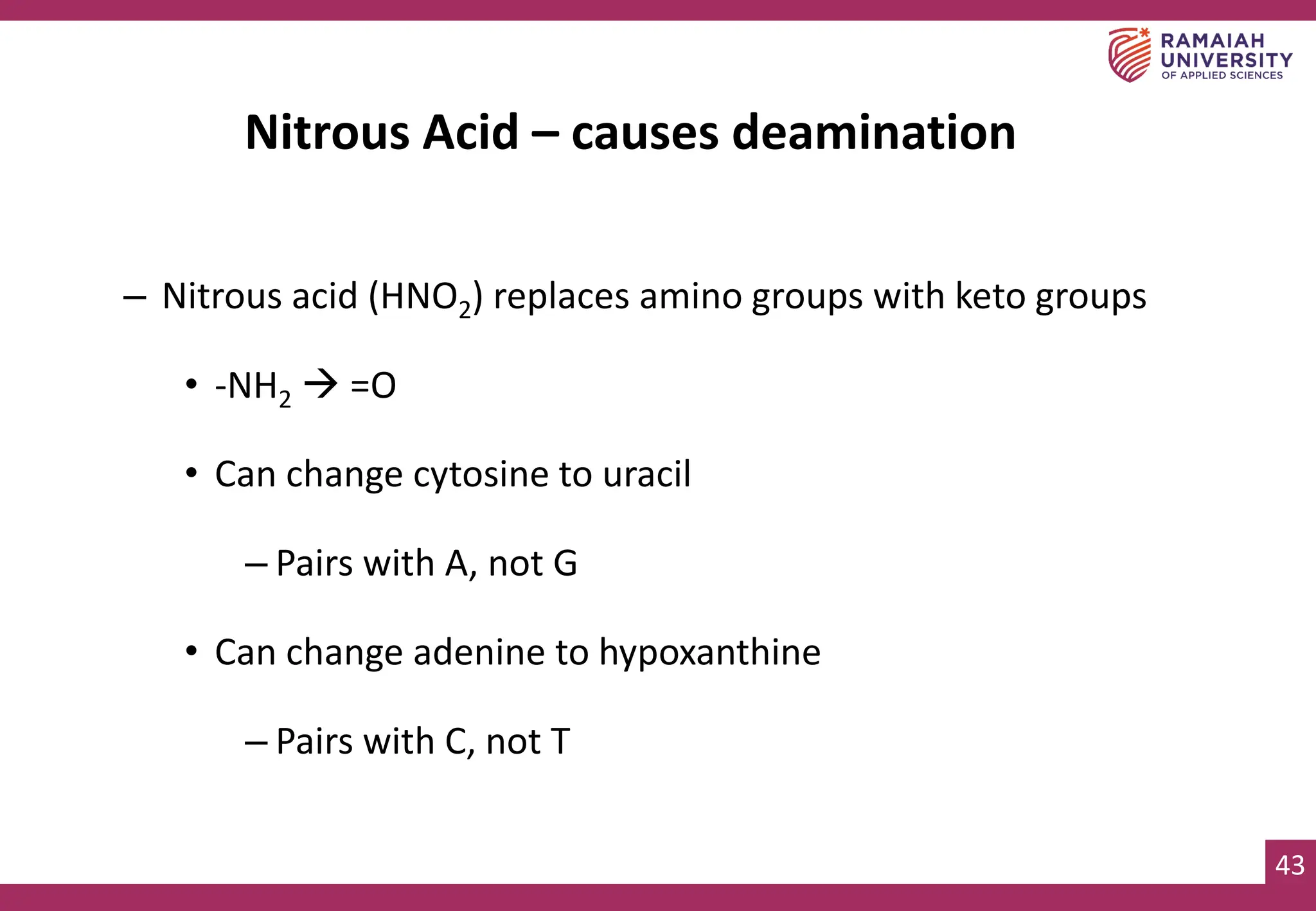 43
Nitrous Acid – causes deamination
– Nitrous acid (HNO2) replaces amino groups with keto groups
• -NH2 → =O
• Can change cytosine to uracil
– Pairs with A, not G
• Can change adenine to hypoxanthine
– Pairs with C, not T
 