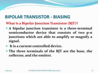 BIPOLAR TRANSISTOR - BIASING
What is a Bipolar Junction Transistor (BJT)?
 A bipolar junction transistor is a three-terminal
semiconductor device that consists of two p-n
junctions which are able to amplify or magnify a
signal.
 It is a current controlled device.
 The three terminals of the BJT are the base, the
collector, and the emitter.
4/18/2024 16
Dr NSR/AP/ECE/PSNACET/BEEE/R2022/AU
 