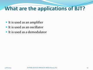 What are the applications of BJT?
 It is used as an amplifier
 It is used as an oscillator
 It is used as a demodulator
4/18/2024 20
Dr NSR/AP/ECE/PSNACET/BEEE/R2022/AU
 