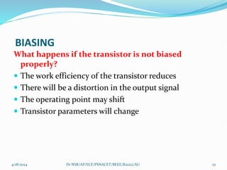 BIASING
What happens if the transistor is not biased
properly?
 The work efficiency of the transistor reduces
 There will be a distortion in the output signal
 The operating point may shift
 Transistor parameters will change
4/18/2024 22
Dr NSR/AP/ECE/PSNACET/BEEE/R2022/AU
 