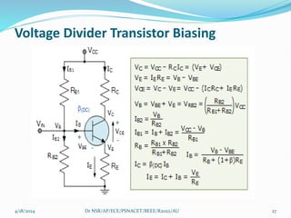 Voltage Divider Transistor Biasing
4/18/2024 27
Dr NSR/AP/ECE/PSNACET/BEEE/R2022/AU
 
