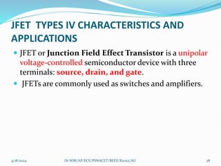 JFET TYPES IV CHARACTERISTICS AND
APPLICATIONS
 JFET or Junction Field Effect Transistor is a unipolar
voltage-controlled semiconductor device with three
terminals: source, drain, and gate.
 JFETs are commonly used as switches and amplifiers.
4/18/2024 28
Dr NSR/AP/ECE/PSNACET/BEEE/R2022/AU
 
