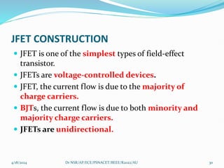 JFET CONSTRUCTION
 JFET is one of the simplest types of field-effect
transistor.
 JFETs are voltage-controlled devices.
 JFET, the current flow is due to the majority of
charge carriers.
 BJTs, the current flow is due to both minority and
majority charge carriers.
 JFETs are unidirectional.
4/18/2024 Dr NSR/AP/ECE/PSNACET/BEEE/R2022/AU 30
 