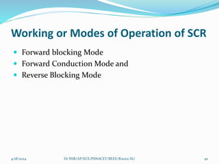 Working or Modes of Operation of SCR
 Forward blocking Mode
 Forward Conduction Mode and
 Reverse Blocking Mode
4/18/2024 Dr NSR/AP/ECE/PSNACET/BEEE/R2022/AU 40
 