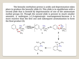 The benzylic methylene proton is acidic and deprotonation takes
place to produce the benzylic ylide (1). This ylide is in equilibrium with a
second ylide that is formed by deprotonation of one of the ammonium
methyl groups (2). Though the second ylide is present in much smaller
amounts, it undergoes a 2,3-sigmatropic rearrangement because it is
more reactive than the first one and subsequent aromatization to form
the final product (3).
 