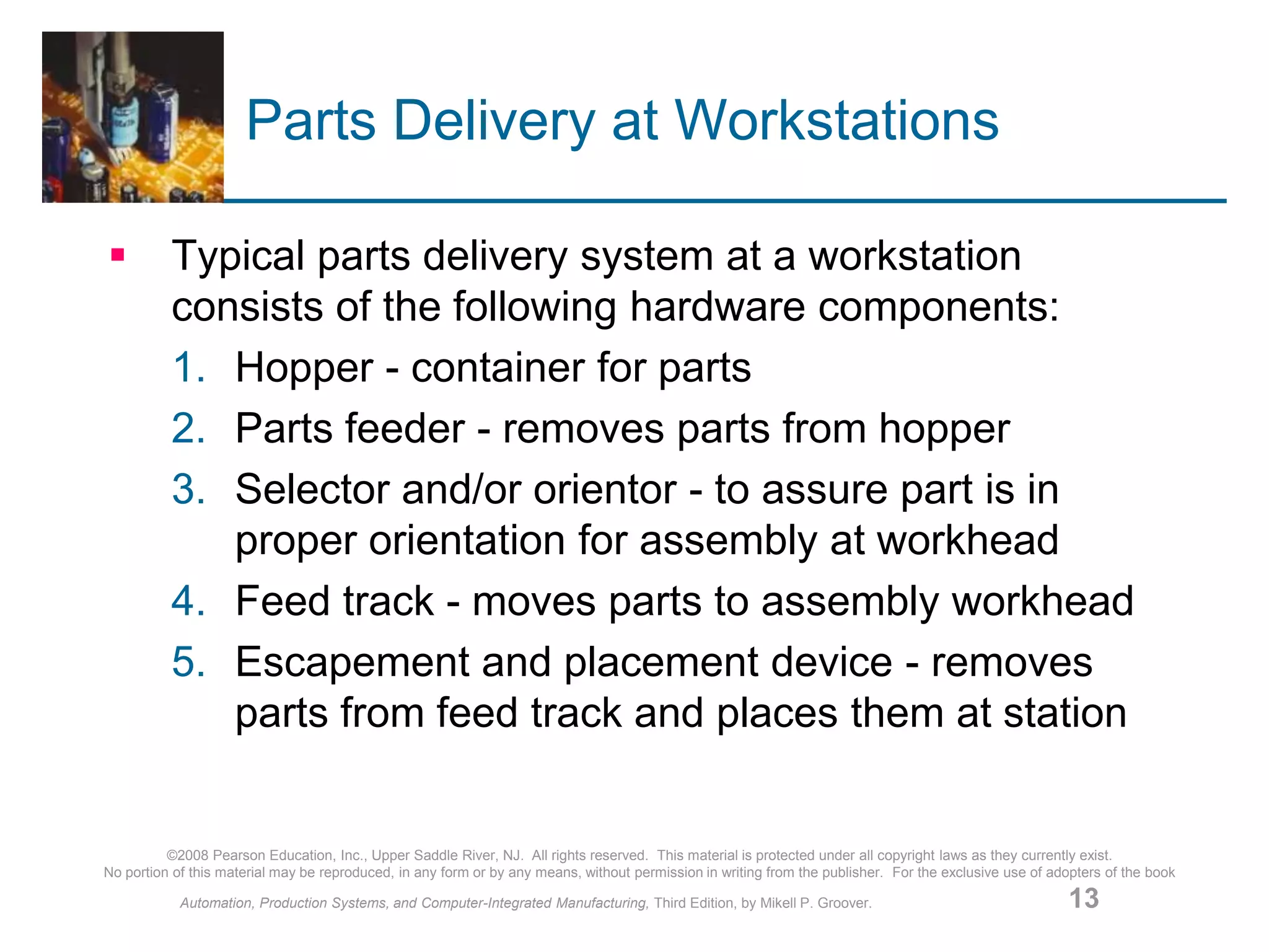 ©2008 Pearson Education, Inc., Upper Saddle River, NJ. All rights reserved. This material is protected under all copyright laws as they currently exist.
No portion of this material may be reproduced, in any form or by any means, without permission in writing from the publisher. For the exclusive use of adopters of the book
Automation, Production Systems, and Computer-Integrated Manufacturing, Third Edition, by Mikell P. Groover. 13
Parts Delivery at Workstations
 Typical parts delivery system at a workstation
consists of the following hardware components:
1. Hopper - container for parts
2. Parts feeder - removes parts from hopper
3. Selector and/or orientor - to assure part is in
proper orientation for assembly at workhead
4. Feed track - moves parts to assembly workhead
5. Escapement and placement device - removes
parts from feed track and places them at station
 