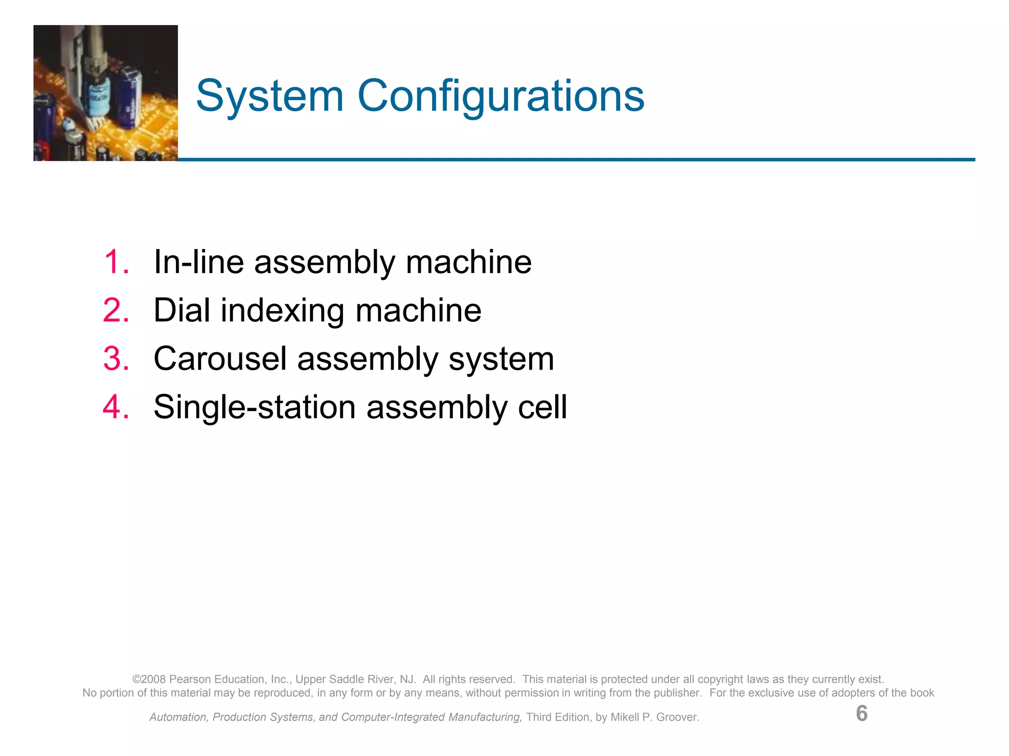 ©2008 Pearson Education, Inc., Upper Saddle River, NJ. All rights reserved. This material is protected under all copyright laws as they currently exist.
No portion of this material may be reproduced, in any form or by any means, without permission in writing from the publisher. For the exclusive use of adopters of the book
Automation, Production Systems, and Computer-Integrated Manufacturing, Third Edition, by Mikell P. Groover. 6
System Configurations
1. In-line assembly machine
2. Dial indexing machine
3. Carousel assembly system
4. Single-station assembly cell
 