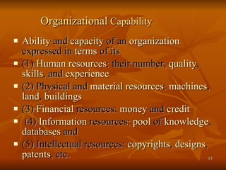   Organizational  Capability   Ability  and  capacity  of an  organization  expressed in  terms  of its  (1)  Human resources : their number,  quality ,  skills , and  experience (2) Physical and  material   resources :  machines ,  land ,  buildings (3)  Financial  resources:  money  and  credit (4)  Information  resources:  pool  of  knowledge ,  databases  and  (5) Intellectual resources:  copyrights ,  designs ,  patents , etc. 