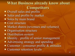 What Business already know about Competitors  Overall sales and profits Sales and profits by market Sales by main brand Cost structure Market shares (revenues and volumes) Organisation structure Distribution system Identity / profile of senior management Advertising strategy and spending Customer / consumer profile & attitudes Customer retention levels         