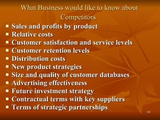 What Business would like to know about Competitors   Sales and profits by product Relative costs Customer satisfaction and service levels Customer retention levels Distribution costs New product strategies Size and quality of customer databases Advertising effectiveness Future investment strategy Contractual terms with key suppliers Terms of strategic partnerships  
