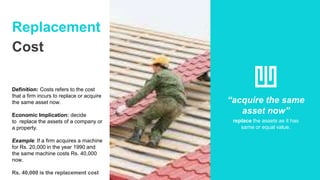 Replacement
Cost
Definition: Costs refers to the cost
that a firm incurs to replace or acquire
the same asset now.
Economic Implication: decide
to replace the assets of a company or
a property.
Example: If a firm acquires a machine
for Rs. 20,000 in the year 1990 and
the same machine costs Rs. 40,000
now.
Rs. 40,000 is the replacement cost
“acquire the same
asset now”
replace the assets as it has
same or equal value.
 