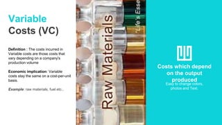 Variable
Costs (VC)
Definition : The costs incurred in
Variable costs are those costs that
vary depending on a company's
production volume
Economic implication: Variable
costs stay the same on a cost-per-unit
basis.
Example: raw materials, fuel etc.,
Costs which depend
on the output
produced
Easy to change colors,
photos and Text.
 