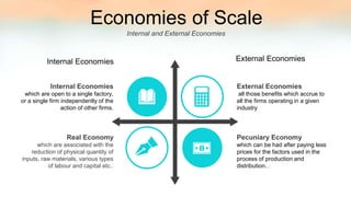 all those benefits which accrue to
all the firms operating in a given
industry
External Economies
which can be had after paying less
prices for the factors used in the
process of production and
distribution...
Pecuniary Economy
which are open to a single factory,
or a single firm independently of the
action of other firms.
Internal Economies
which are associated with the
reduction of physical quantity of
inputs, raw materials, various types
of labour and capital etc..
Real Economy
Internal and External Economies
Economies of Scale
External EconomiesInternal Economies
 