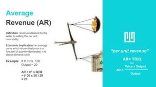 Average
Revenue (AR)
Definition: revenue obtained by the
seller by selling the per unit
commodity.
Economic Implication: an average
curve which shows that price is a
function of quantity demanded. it is
also a demand curve
Example: If P = Rs. 100
Output = 20
AR = (P x Q)/Q
= (100 x 20 ) 20
= 20
“per unit revenue”
AR= TR/Q
(or)
Price x Output
AR =
Output
 