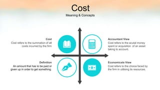 Cost refers to the acutal money
spent or acquisition of an asset
taking to account.
Accountant View
Cost refers to the choice faced by
the firm in utilising its resources.
Economicsts View
Cost refers to the summation of all
costs incurred by the firm
Cost
An amount that has to be paid or
given up in order to get something.
Definition
Meaning & Concepts
Cost
 
