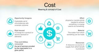 the set of services provided
by the organisation in a
given period
Time and Utilties
consumed
A Charge for a product or
service received or
delivered
Risk Insured
Exploitable set of
circumstances with
uncertain outcome
Opportunity foregone
A resource is a source or
supply from which benefit
is produced
Resources
The matter from which
something can be made
Material
physical or mental activity
needed to achieve
something, or energy
used to do something.
Effort
Meaning & concept of Cost
Cost
 