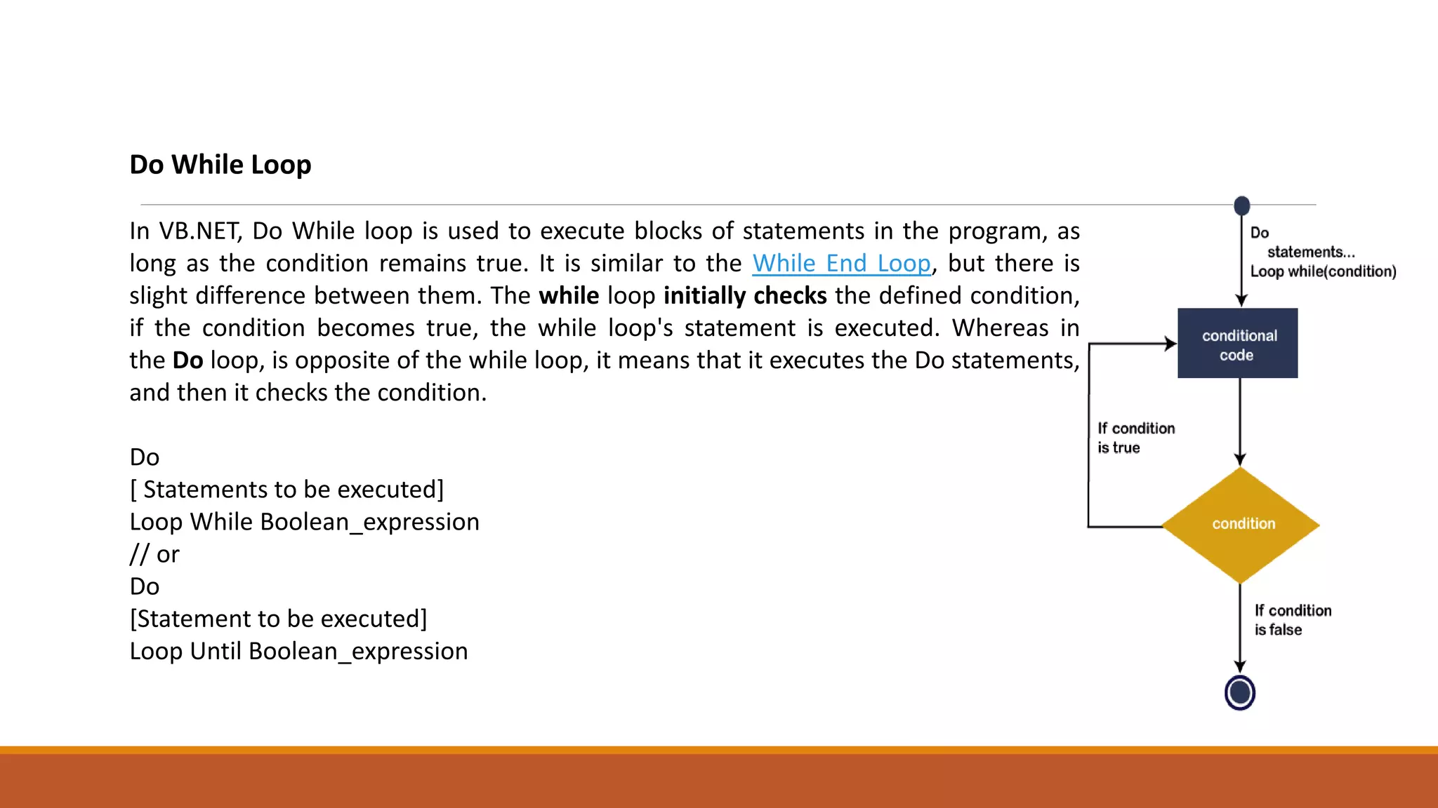 Do While Loop
In VB.NET, Do While loop is used to execute blocks of statements in the program, as
long as the condition remains true. It is similar to the While End Loop, but there is
slight difference between them. The while loop initially checks the defined condition,
if the condition becomes true, the while loop's statement is executed. Whereas in
the Do loop, is opposite of the while loop, it means that it executes the Do statements,
and then it checks the condition.
Do
[ Statements to be executed]
Loop While Boolean_expression
// or
Do
[Statement to be executed]
Loop Until Boolean_expression
 