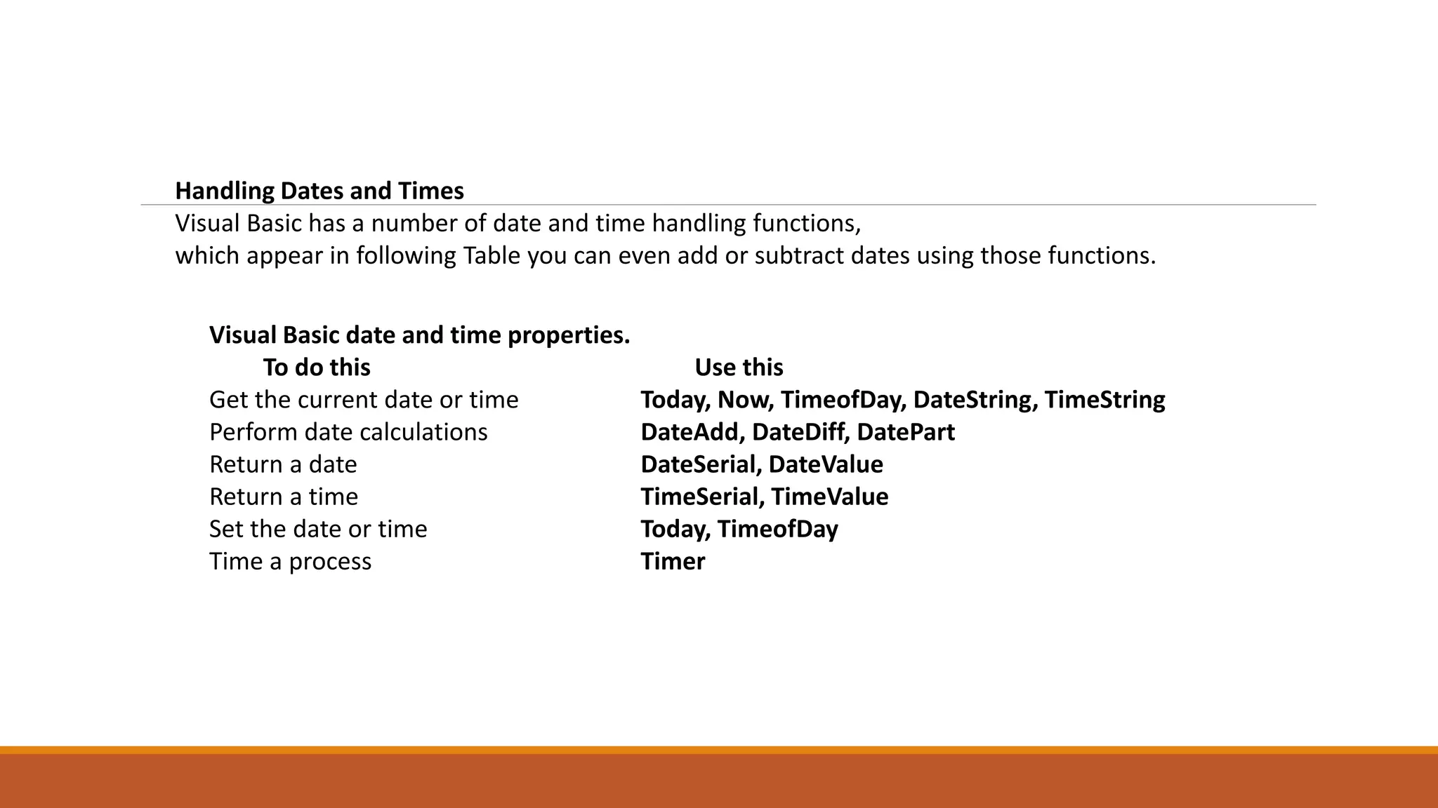 Handling Dates and Times
Visual Basic has a number of date and time handling functions,
which appear in following Table you can even add or subtract dates using those functions.
Visual Basic date and time properties.
To do this Use this
Get the current date or time Today, Now, TimeofDay, DateString, TimeString
Perform date calculations DateAdd, DateDiff, DatePart
Return a date DateSerial, DateValue
Return a time TimeSerial, TimeValue
Set the date or time Today, TimeofDay
Time a process Timer
 