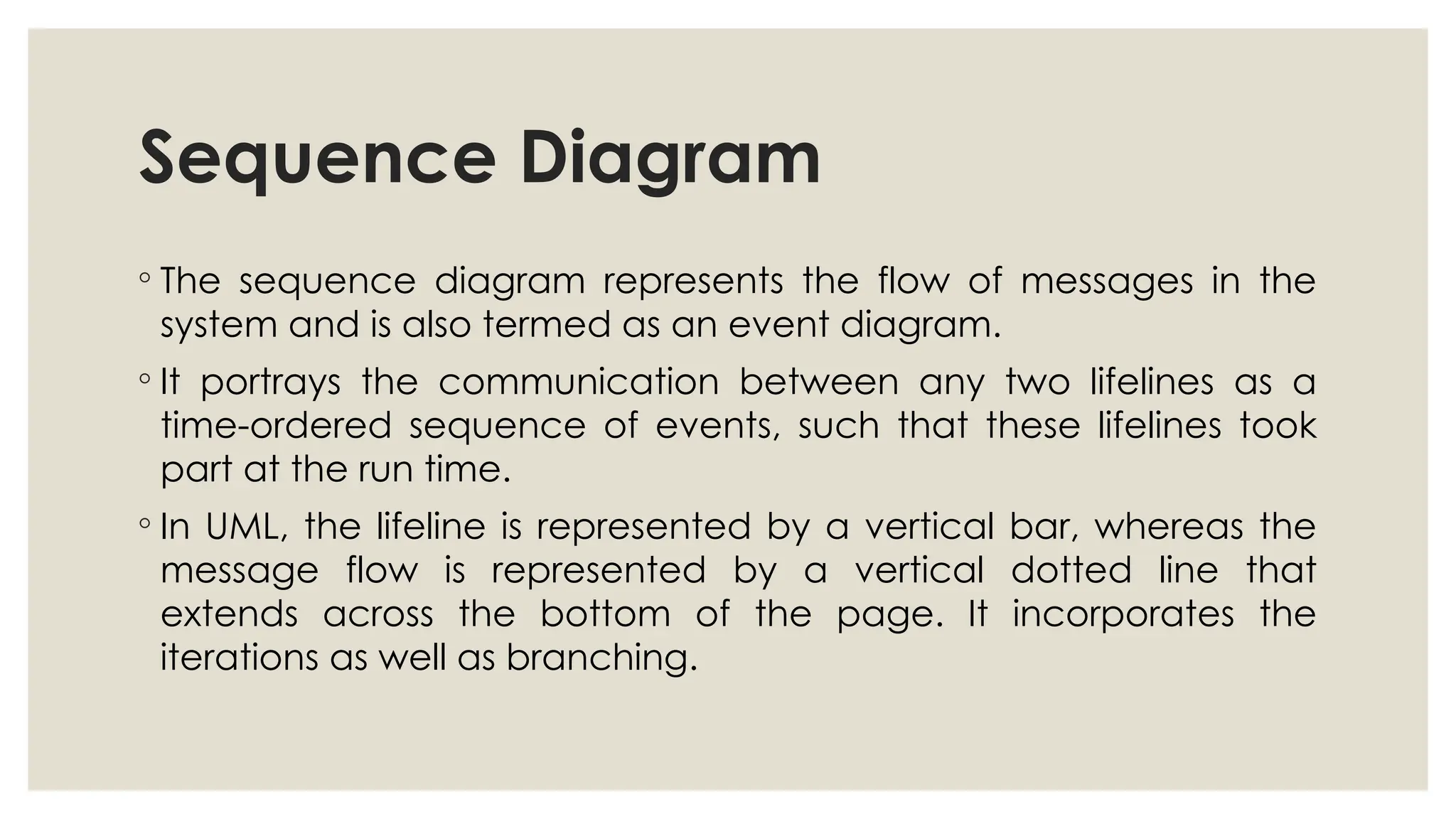 Sequence Diagram
◦ The sequence diagram represents the flow of messages in the
system and is also termed as an event diagram.
◦ It portrays the communication between any two lifelines as a
time-ordered sequence of events, such that these lifelines took
part at the run time.
◦ In UML, the lifeline is represented by a vertical bar, whereas the
message flow is represented by a vertical dotted line that
extends across the bottom of the page. It incorporates the
iterations as well as branching.
 