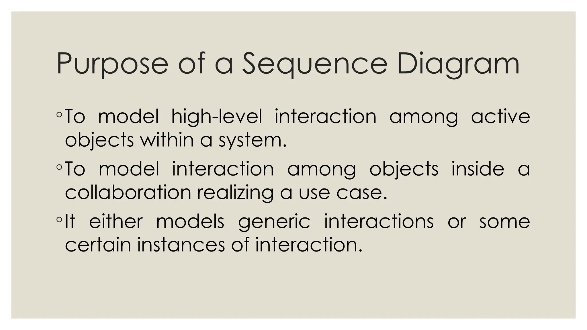 Purpose of a Sequence Diagram
◦To model high-level interaction among active
objects within a system.
◦To model interaction among objects inside a
collaboration realizing a use case.
◦It either models generic interactions or some
certain instances of interaction.
 