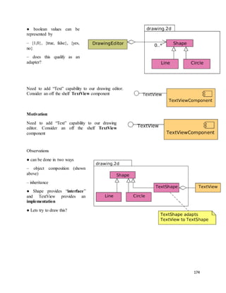 174 
● boolean values can be 
represented by 
– {1,0}, {true, false}, {yes, 
no} 
– does this qualify as an 
adapter? 
Need to add “Text” capability to our drawing editor. 
Consider an off the shelf TextView component 
Motivation 
Need to add “Text” capability to our drawing 
editor. Consider an off the shelf TextView 
component 
Observations 
● can be done in two ways 
– object composition (shown 
above) 
– inheritance 
● Shape provides “interface” 
and TextView provides an 
implementation 
● Lets try to draw this? 
 