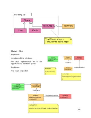 175 
Adapter – Class 
Requirement 
● requires multiple inheritance 
what about implementations that do not 
support multiple inheritance (Java)? 
Requirement 
● via object composition 
 