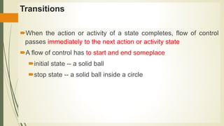Transitions
When the action or activity of a state completes, flow of control
passes immediately to the next action or activity state
A flow of control has to start and end someplace
initial state -- a solid ball
stop state -- a solid ball inside a circle
 