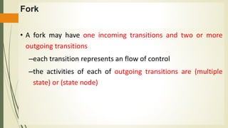 Fork
• A fork may have one incoming transitions and two or more
outgoing transitions
–each transition represents an flow of control
–the activities of each of outgoing transitions are (multiple
state) or (state node)
 
