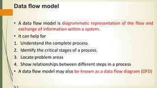 Data flow model
• A data flow model is diagrammatic representation of the flow and
exchange of information within a system.
• It can help for
1. Understand the complete process
2. Identify the critical stages of a process.
3. Locate problem areas
4. Show relationships between different steps in a process
• A data flow model may also be known as a data flow diagram (DFD)
 