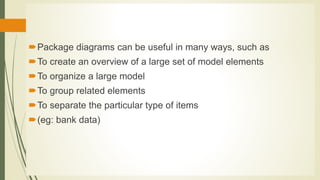 Package diagrams can be useful in many ways, such as
To create an overview of a large set of model elements
To organize a large model
To group related elements
To separate the particular type of items
(eg: bank data)
 
