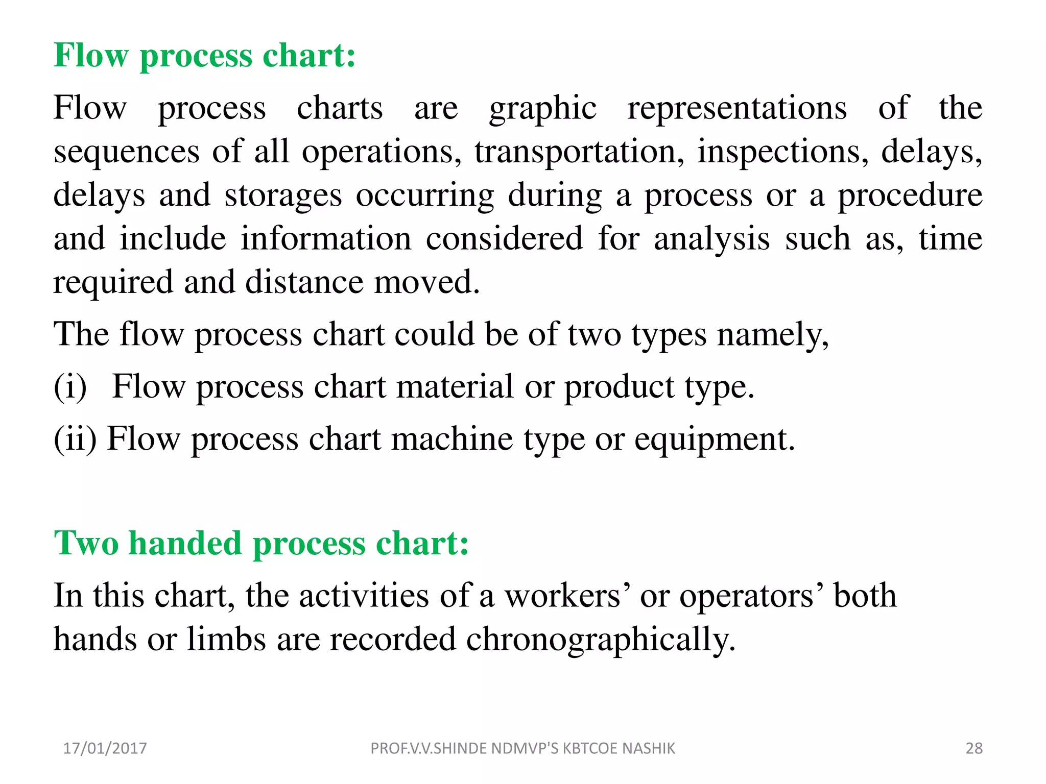 Flow process chart:
Flow process charts are graphic representations of the
sequences of all operations, transportation, inspections, delays,
delays and storages occurring during a process or a procedure
and include information considered for analysis such as, time
required and distance moved.
The flow process chart could be of two types namely,
(i) Flow process chart material or product type.
(ii) Flow process chart machine type or equipment.
Two handed process chart:
In this chart, the activities of a workers’ or operators’ both
hands or limbs are recorded chronographically.
17/01/2017 28PROF.V.V.SHINDE NDMVP'S KBTCOE NASHIK
 