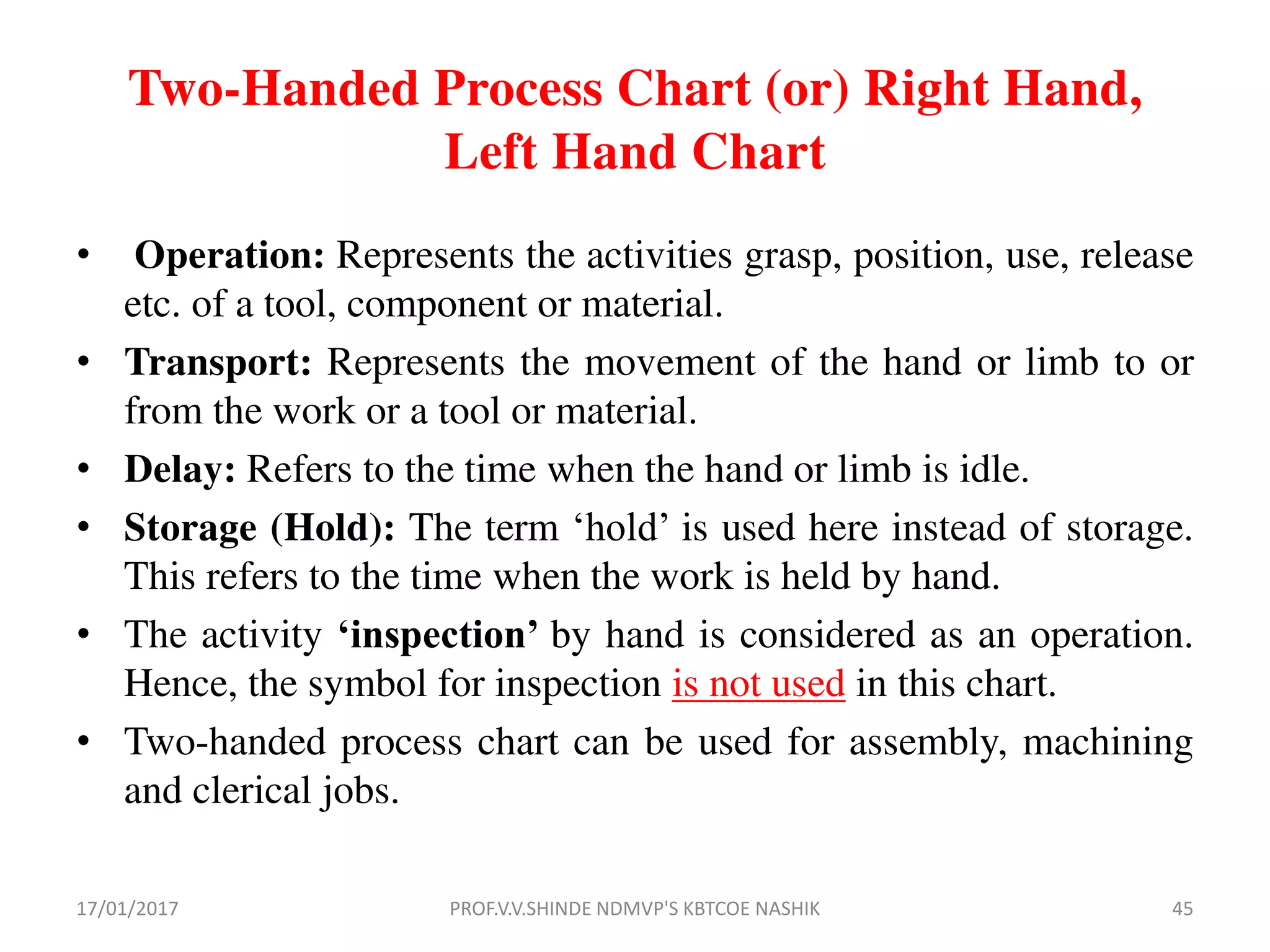 Two-Handed Process Chart (or) Right Hand,
Left Hand Chart
• Operation: Represents the activities grasp, position, use, release
etc. of a tool, component or material.
• Transport: Represents the movement of the hand or limb to or
from the work or a tool or material.
• Delay: Refers to the time when the hand or limb is idle.
• Storage (Hold): The term ‘hold’ is used here instead of storage.
This refers to the time when the work is held by hand.
• The activity ‘inspection’ by hand is considered as an operation.
Hence, the symbol for inspection is not used in this chart.
• Two-handed process chart can be used for assembly, machining
and clerical jobs.
17/01/2017 45PROF.V.V.SHINDE NDMVP'S KBTCOE NASHIK
 