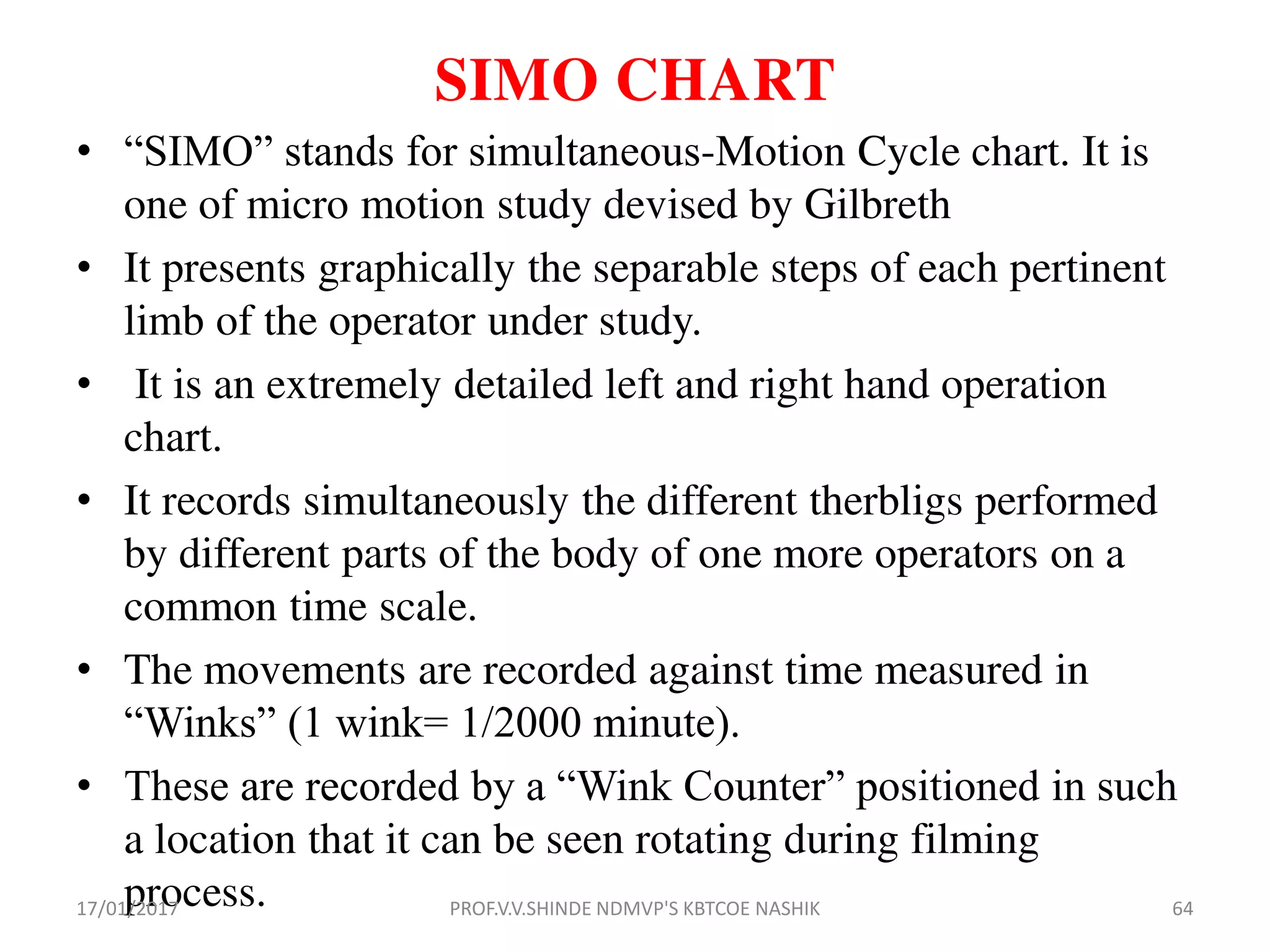 SIMO CHART
• “SIMO” stands for simultaneous-Motion Cycle chart. It is
one of micro motion study devised by Gilbreth
• It presents graphically the separable steps of each pertinent
limb of the operator under study.
• It is an extremely detailed left and right hand operation
chart.
• It records simultaneously the different therbligs performed
by different parts of the body of one more operators on a
common time scale.
• The movements are recorded against time measured in
“Winks” (1 wink= 1/2000 minute).
• These are recorded by a “Wink Counter” positioned in such
a location that it can be seen rotating during filming
process.17/01/2017 PROF.V.V.SHINDE NDMVP'S KBTCOE NASHIK 64
 