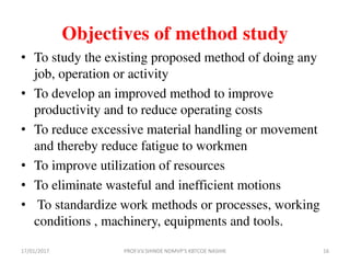 Objectives of method study
• To study the existing proposed method of doing any
job, operation or activity
• To develop an improved method to improve
productivity and to reduce operating costs
• To reduce excessive material handling or movement
and thereby reduce fatigue to workmen
• To improve utilization of resources
• To eliminate wasteful and inefficient motions
• To standardize work methods or processes, working
conditions , machinery, equipments and tools.
17/01/2017 16PROF.V.V.SHINDE NDMVP'S KBTCOE NASHIK
 
