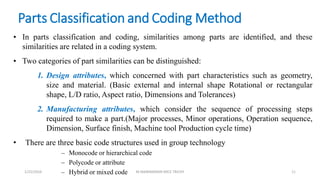 Parts Classification and Coding Method
• In parts classification and coding, similarities among parts are identified, and these
similarities are related in a coding system.
• Two categories of part similarities can be distinguished:
1. Design attributes, which concerned with part characteristics such as geometry,
size and material. (Basic external and internal shape Rotational or rectangular
shape, L/D ratio, Aspect ratio, Dimensions and Tolerances)
2. Manufacturing attributes, which consider the sequence of processing steps
required to make a part.(Major processes, Minor operations, Operation sequence,
Dimension, Surface finish, Machine tool Production cycle time)
• There are three basic code structures used in group technology
– Monocode or hierarchical code
– Polycode or attribute
– Hybrid or mixed code1/25/2016 M.MANIMARAN KRCE TRICHY 11
 