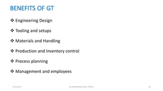 BENEFITS OF GT
 Engineering Design
 Tooling and setups
 Materials and Handling
 Production and Inventory control
 Process planning
 Management and employees
1/25/2016 M.MANIMARAN KRCE TRICHY 30
 