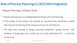Role of Process Planningin CAD/CAM Integration
Process Planning In Product Cycle
• Process planning acts as a bridge between design and manufacturing.
• If the design of the product has evolved, its manufacturing necessitates careful
planning and scheduling of the various processes of manufacture.
• The cycle from concept to design, planning, production, quality control and
feedback to design goes on in which one can easily understand the crucial role
of planning.
1/25/2016 M.MANIMARAN KRCE TRICHY 44
 