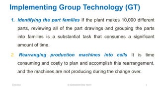 Implementing Group Technology (GT)
1. Identifying the part families If the plant makes 10,000 different
parts, reviewing all of the part drawings and grouping the parts
into families is a substantial task that consumes a significant
amount of time.
2. Rearranging production machines into cells It is time
consuming and costly to plan and accomplish this rearrangement,
and the machines are not producing during the change over.
1/25/2016 M.MANIMARAN KRCE TRICHY 5
 