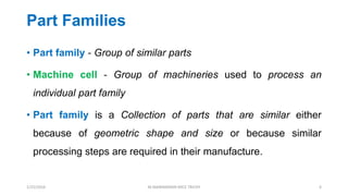 Part Families
• Part family - Group of similar parts
• Machine cell - Group of machineries used to process an
individual part family
• Part family is a Collection of parts that are similar either
because of geometric shape and size or because similar
processing steps are required in their manufacture.
1/25/2016 M.MANIMARAN KRCE TRICHY 6
 