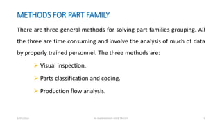 METHODS FOR PART FAMILY
There are three general methods for solving part families grouping. All
the three are time consuming and involve the analysis of much of data
by properly trained personnel. The three methods are:
 Visual inspection.
 Parts classification and coding.
 Production flow analysis.
1/25/2016 M.MANIMARAN KRCE TRICHY 9
 