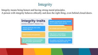 Integrity means being honest and having strong moral principles.
A person with integrity behaves ethically and does the right thing, even behind closed doors.
Integrity
Confidentiality
Conflict of interest
Transparency
Competence
Integrity
 