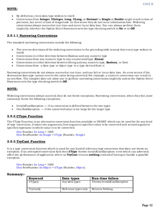 UNIT II
Page 12
NOTE:
 By definition, every data type widens to itself.
 Conversions from Integer, UInteger, Long, ULong, or Decimal to Single or Double might result in loss of
precision, but never in loss of magnitude. In this sense they do not incur information loss. Widening
conversions always succeedat run time and never incur data loss. You can always perform them
implicitly, whether the Option Strict Statement sets the type checking switch to On or to Off.
2.5.1.1 Narrowing Conversions
The standard narrowing conversions include the following:
 The reverse directions of the widening conversions in the preceding table (except that every type widens to
itself)
 Conversions in either direction between Boolean and any numeric type
 Conversions from any numeric type to any enumeratedtype (Enum)
 Conversions in either direction between String and any numeric type, Boolean, or Date
 Conversions from a data type or object type to a type derivedfrom it
Narrowing conversions do not always succeedat run time, and can fail or incur data loss. An error occurs if the
destination data type cannot receive the value being converted. For example, a numeric conversion can result in
an overflow. The compiler does not allow you to perform narrowing conversions implicitly unless the Option Strict
Statement sets the type checking switch to Off.
NOTE:
Widening conversions always succeed, they do not throw exceptions. Narrowing conversions, when they fail, most
commonly throw the following exceptions:
 InvalidCastException — if no conversion is defined between the two types
 OverflowException — if the convertedvalue is too large for the target type
2.5.2 CType Function
The CType Function is an alternative conversion function available in VB.NET which can be used for for any kind
of type conversion. It takes two arguments; first argument specifies value to be converted and second argument
specifies typename to which value is to be converted.
Dim Number As Long = 1000
Dim NewNumber As Single = CType (Number, Single)
2.5.3 TryCast Function
It is a type conversion function which is used for any kindof reference type conversion that does not throw an
exception. If an attempted conversion fails then CType throws InvalidCastException error which can adversely
affect the performance of application where as TryCast returns nothing insteadof having to handle a possible
exception.
Dim Number As Long = 1000
Dim NewNumber As Object = CType (Number, Object)
Summary:-
Keyword Data types Run-time failure
CType() Any data types Throws InvalidCastException
TryCast() Reference types only Returns Nothing
 