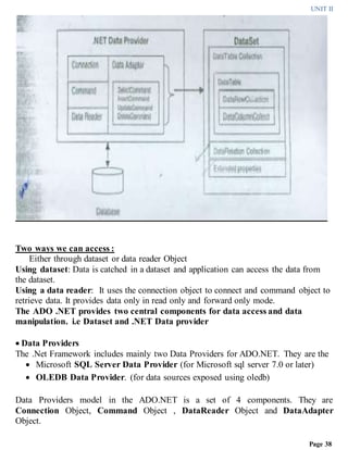 UNIT II
Page 38
Two ways we can access :
Either through dataset or data reader Object
Using dataset: Data is catched in a dataset and application can access the data from
the dataset.
Using a data reader: It uses the connection object to connect and command object to
retrieve data. It provides data only in read only and forward only mode.
The ADO .NET provides two central components for data access and data
manipulation. i.e Dataset and .NET Data provider
 Data Providers
The .Net Framework includes mainly two Data Providers for ADO.NET. They are the
 Microsoft SQL Server Data Provider (for Microsoft sql server 7.0 or later)
 OLEDB Data Provider. (for data sources exposed using oledb)
Data Providers model in the ADO.NET is a set of 4 components. They are
Connection Object, Command Object , DataReader Object and DataAdapter
Object.
 