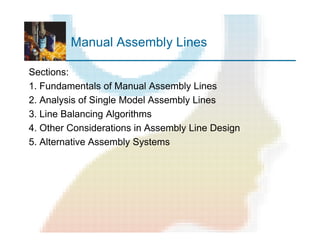 Manual Assembly Lines
Sections:
1. Fundamentals of Manual Assembly Lines
2. Analysis of Single Model Assembly Lines
3. Line Balancing Algorithms
4. Other Considerations in Assembly Line Design
5. Alternative Assembly Systems
 
