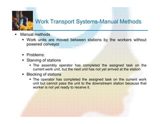 Work Transport Systems-Manual Methods
§ Manual methods
§ Work units are moved between stations by the workers without
powered conveyor
§ Problems:
§ Starving of stations
§ The assembly operator has completed the assigned task on the
current work unit, but the next unit has not yet arrived at the station
§ Blocking of stations
§ The operator has completed the assigned task on the current work
unit but cannot pass the unit to the downstream station because that
worker is not yet ready to receive it.
 