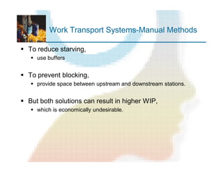 Work Transport Systems-Manual Methods
§ To reduce starving,
§ use buffers
§ To prevent blocking,
§ provide space between upstream and downstream stations.
§ But both solutions can result in higher WIP,
§ which is economically undesirable.
 